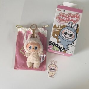 Authentic POP MART Labubu Exciting Macaron Plush Monster Keychain - Soymilk